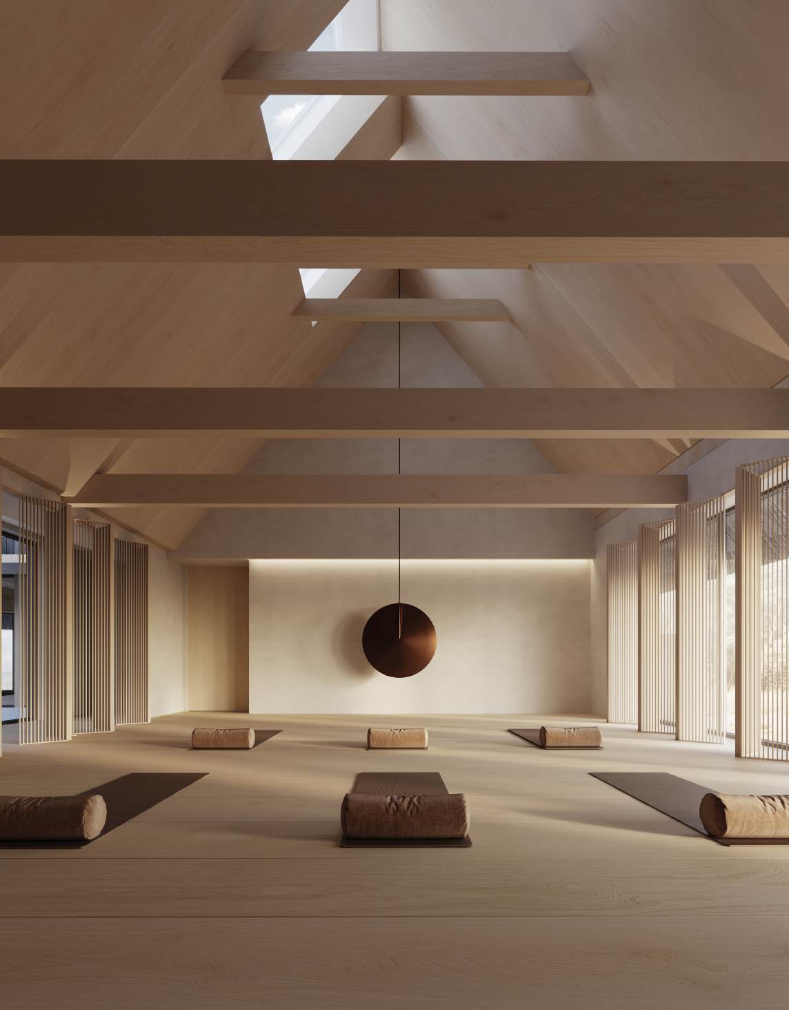 Light timber practice hall with mats and bolsters
