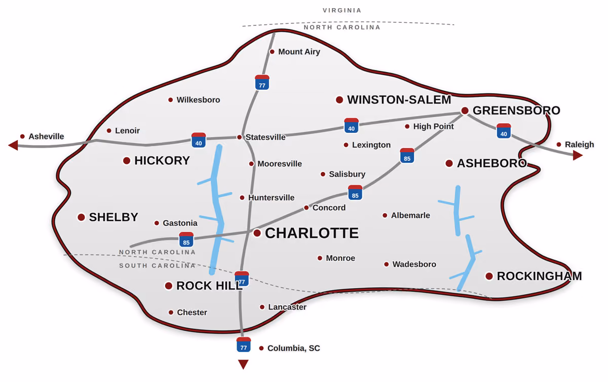 Service area map showing coverage across Charlotte NC and surrounding Carolinas regions