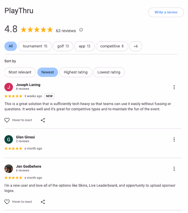 PlayThru ratings and reviews generated through Ai feedback request automation