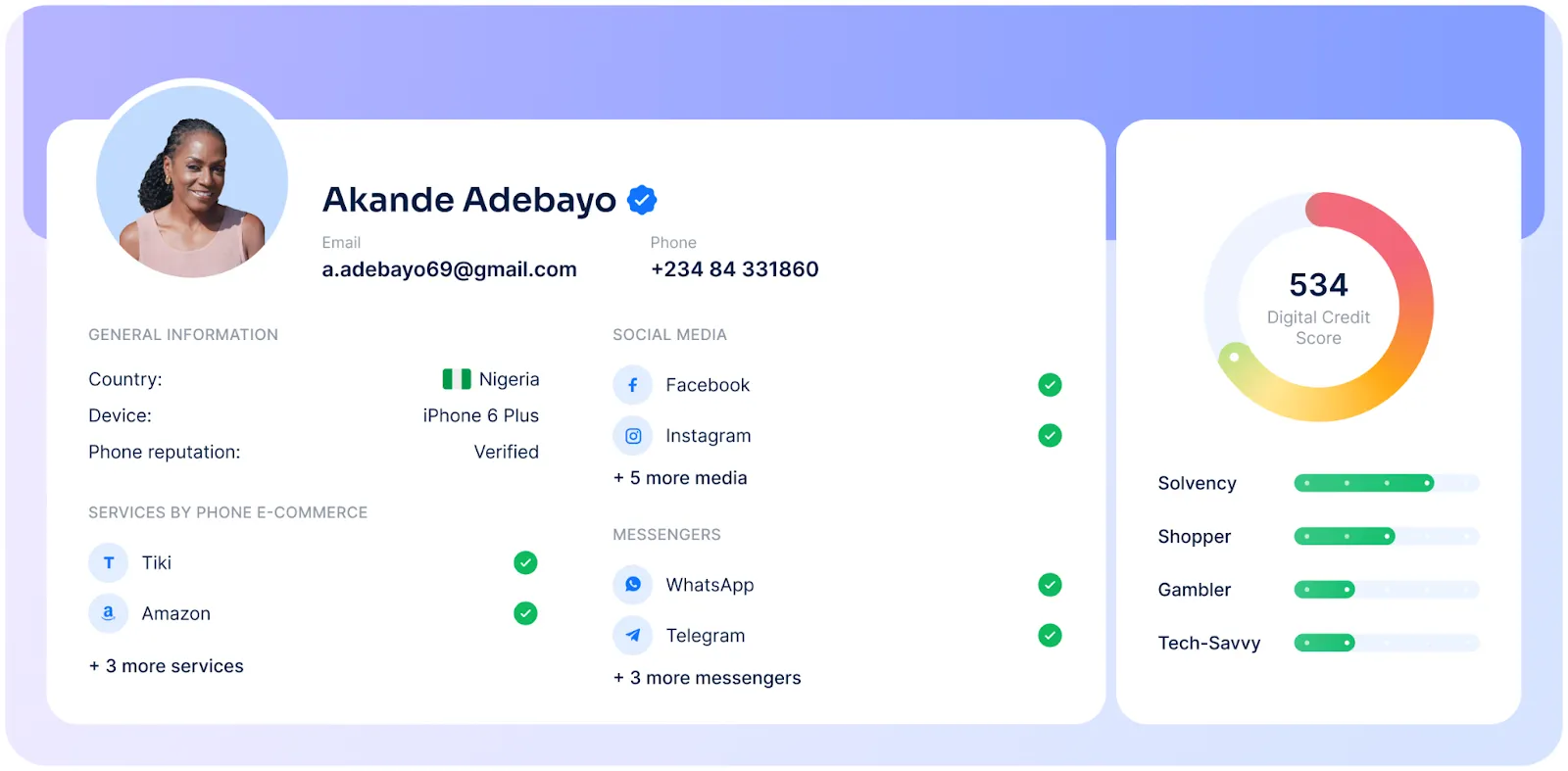The image shows a RiskSeal digital profile for a person named Akande Adebayo, including their contact details, device, social presence, digital credit score of 534, and indicators like solvency, shopping behavior, and tech-savviness.