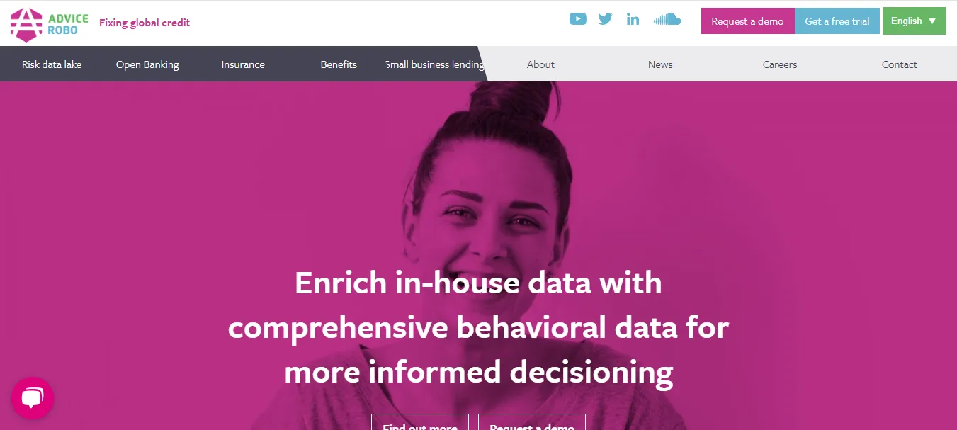 The homepage of AdviceRobo highlights its core value proposition with a bold magenta background, emphasizing the platform’s ability to enrich in-house data through comprehensive behavioral data to support more informed decision-making.