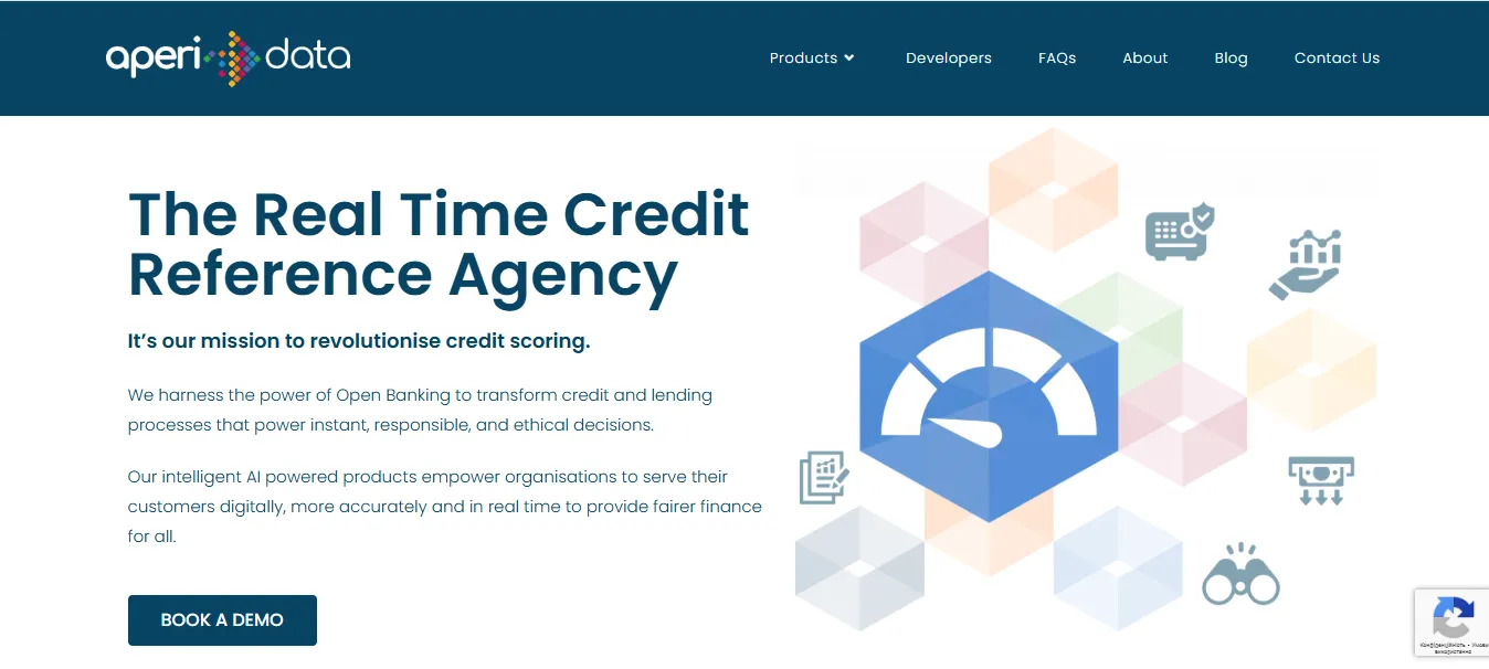 The image is a website homepage from Aperi Data featuring bold text that reads “The Real Time Credit Reference Agency.” It includes icons of financial and data-related symbols arranged around a central speedometer graphic.