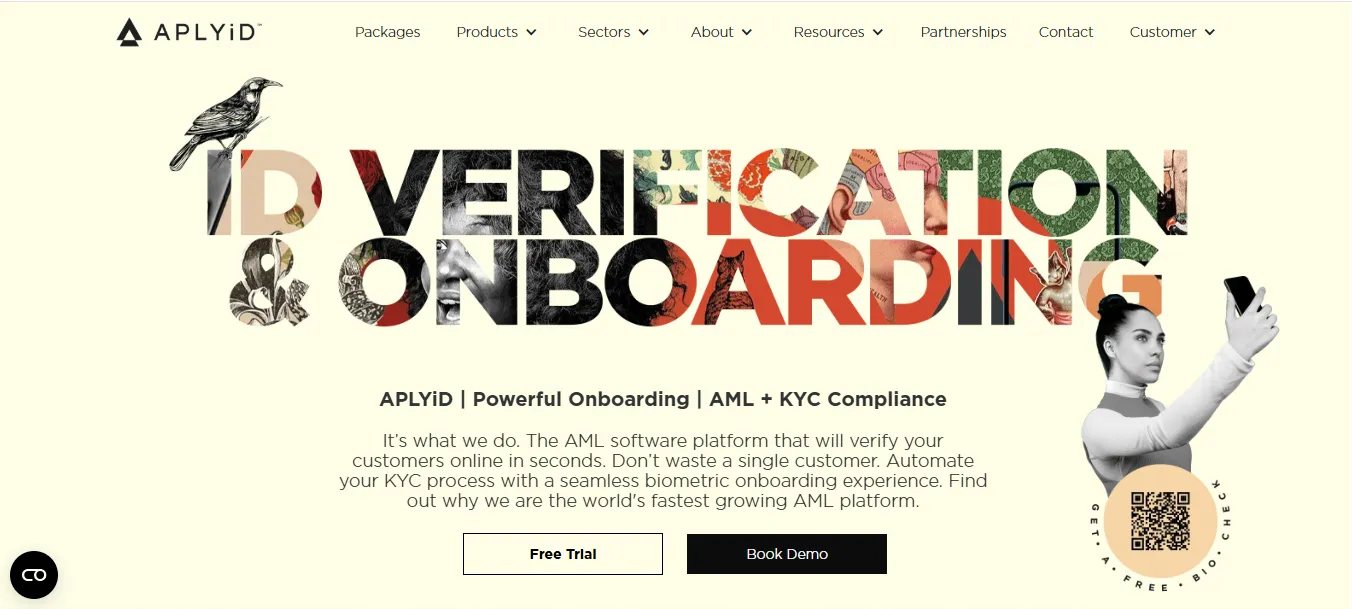 Website homepage for APLYiD showing bold stylized text “ID Verification & Onboarding,” a bird perched on the letter "I", a grayscale photo of a woman holding a phone for a selfie-style scan, and a QR code labeled “Get a Free Bio Check.” Two call-to-action buttons at the bottom read “Free Trial” and “Book Demo.”