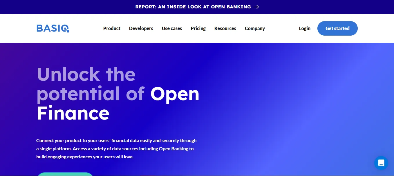 Homepage of Basiq featuring a bold headline “Unlock the potential of Open Finance” over a blue gradient background. Navigation links include Product, Developers, Use Cases, Pricing, Resources, and more. 