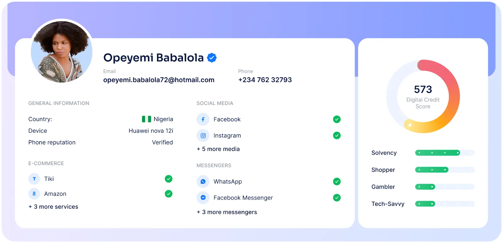 A RiskSeal digital identity profile for an individual named Opeyemi Babalola, displaying her photo, contact information, country of origin, device details, verified phone reputation, active social media and messaging accounts, digital credit score, and behavioral traits including solvency, shopping habits, gambling tendency, and tech-savviness.