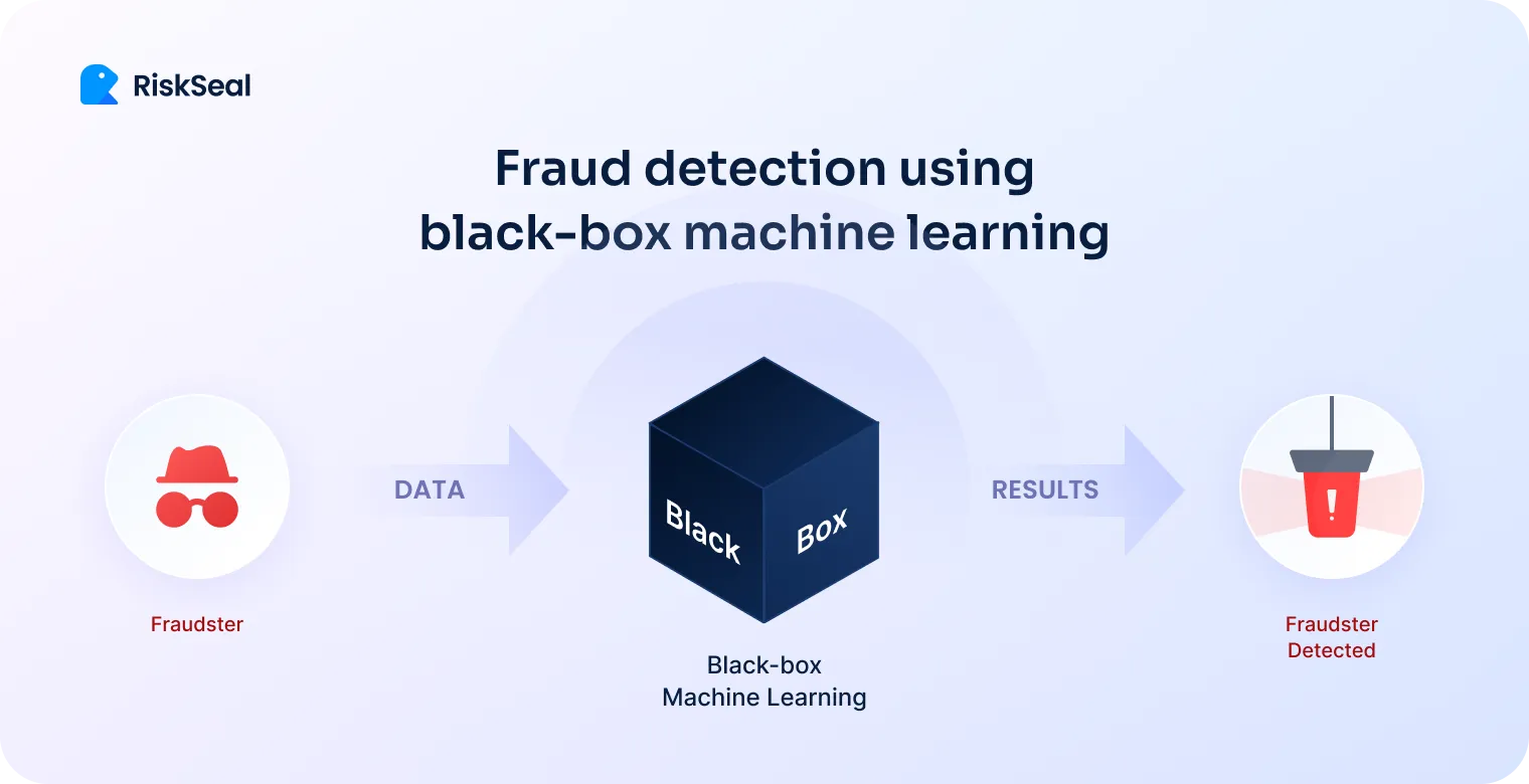 Illustration showing a fraudster icon feeding data into a black-box ML model represented by a cube; output leads to a red spotlight with an exclamation mark, signaling fraud detection.