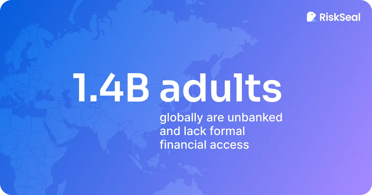 A graphic with a world map background and a message: "1.4B adults globally are unbanked and lack formal financial access."