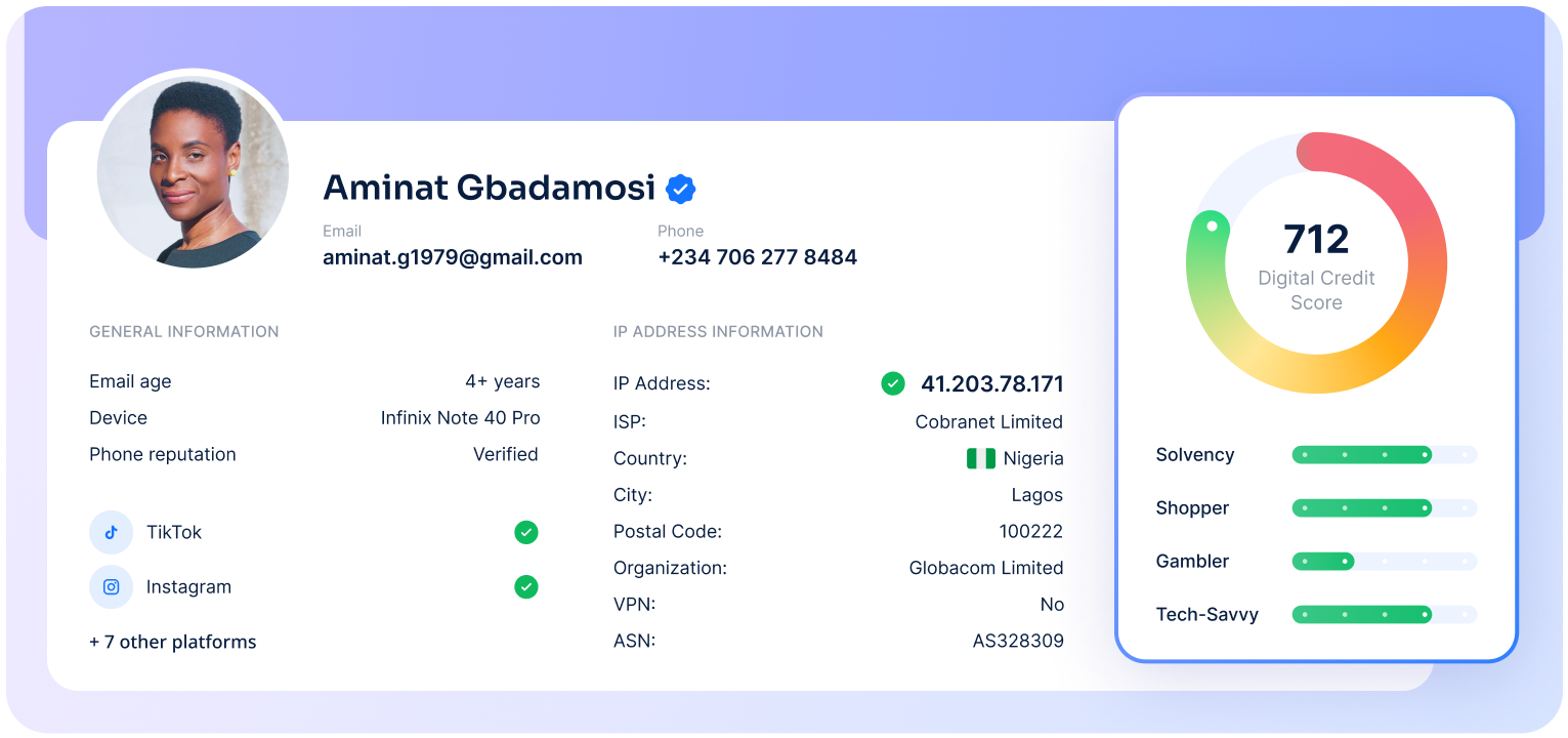 This image presents a digital identity profile for Aminat Gbadamosi. Her digital credit score is 712. Her email account is over 4 years old and associated with an Infinix Note 40 Pro device. The phone number has a verified reputation.