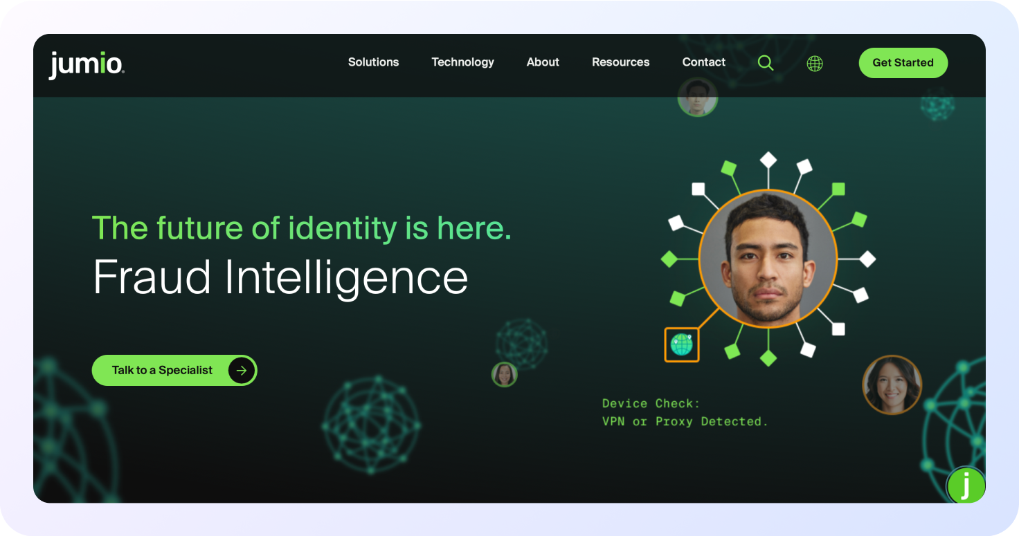 Screenshot of Jumio Fraud Intelligence platform webpage emphasizing identity verification and fraud detection.