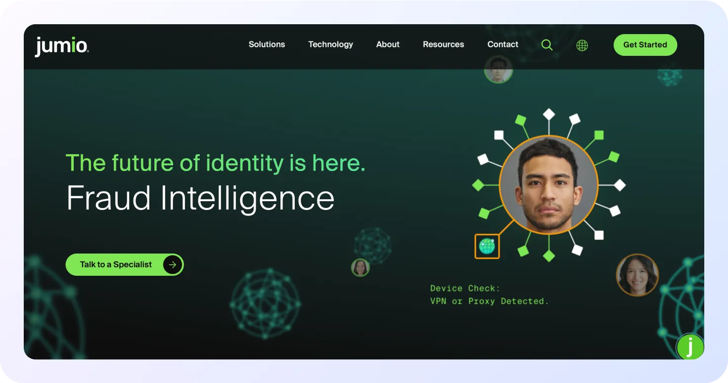 Screenshot of Jumio Fraud Intelligence platform webpage emphasizing identity verification and fraud detection.