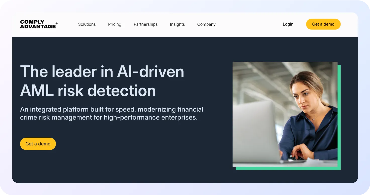 Screenshot of ComplyAdvantage homepage highlighting AI-driven AML risk detection platform.