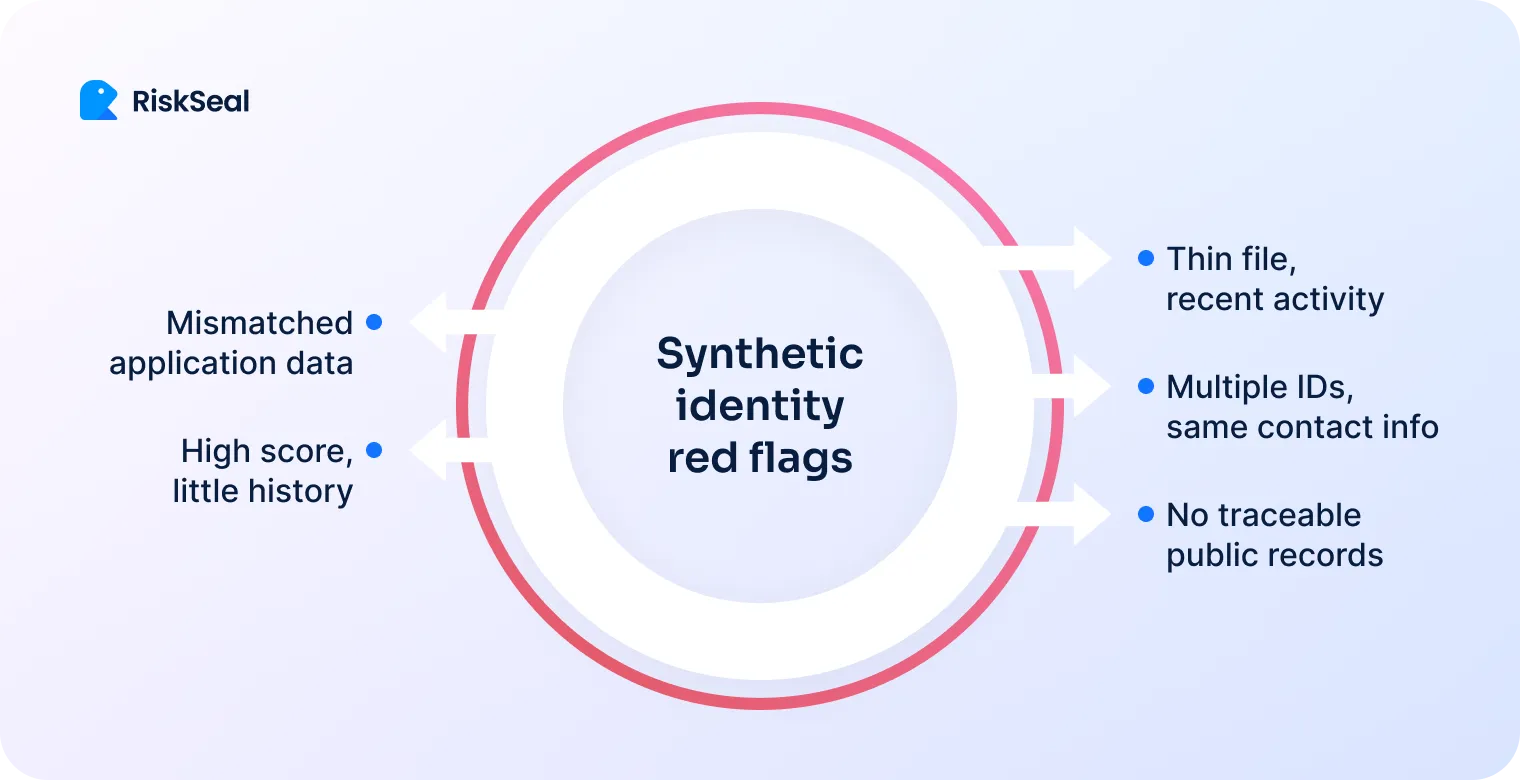 Circular infographic titled "Synthetic identity red flags." On the left, two red flags: "Mismatched application data" and "High score, little history." On the right, three more: "Thin file, recent activity," "Multiple IDs, same contact info," and "No traceable public records."