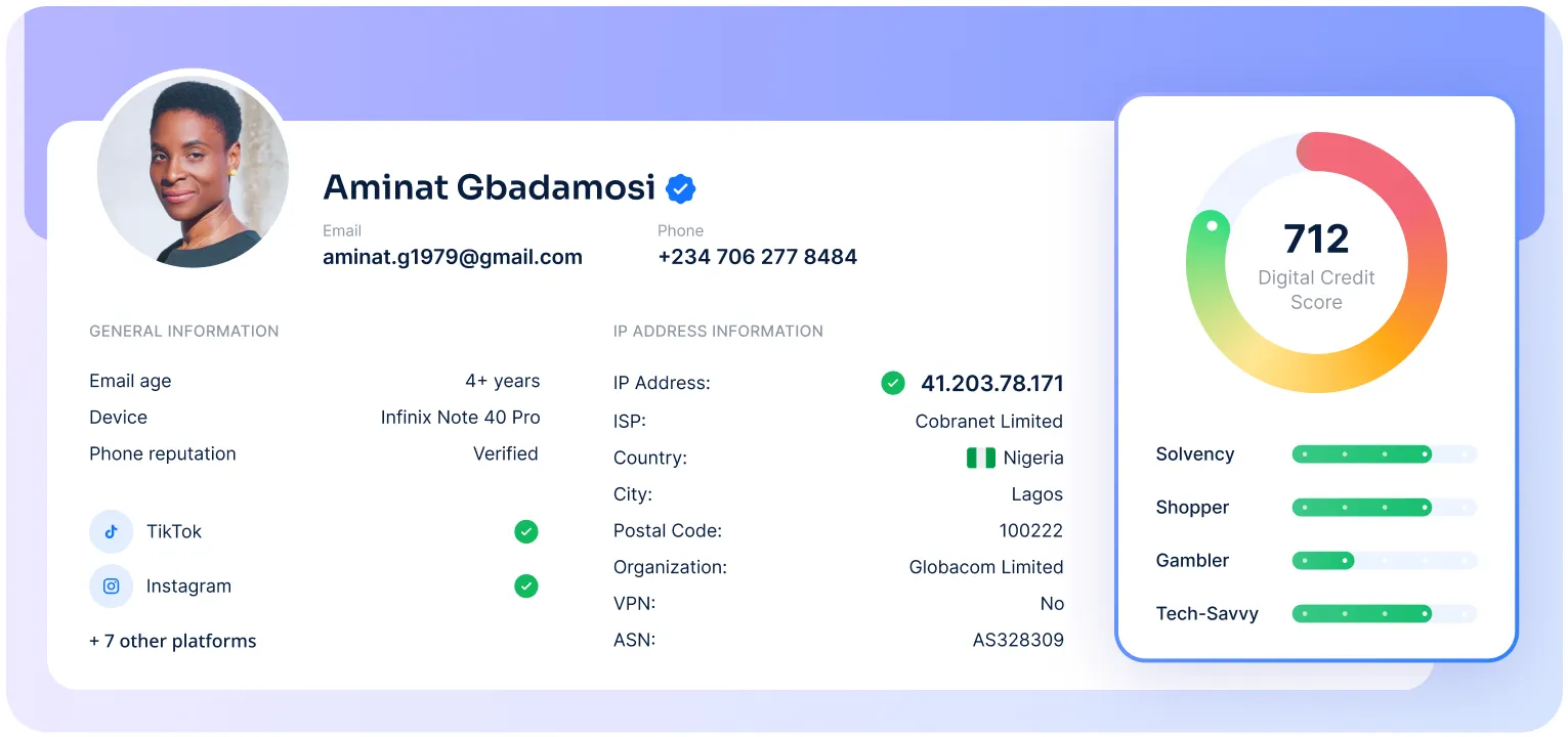 This image presents a digital identity profile for Aminat Gbadamosi. Her digital credit score is 712. Her email account is over 4 years old and associated with an Infinix Note 40 Pro device. The phone number has a verified reputation.