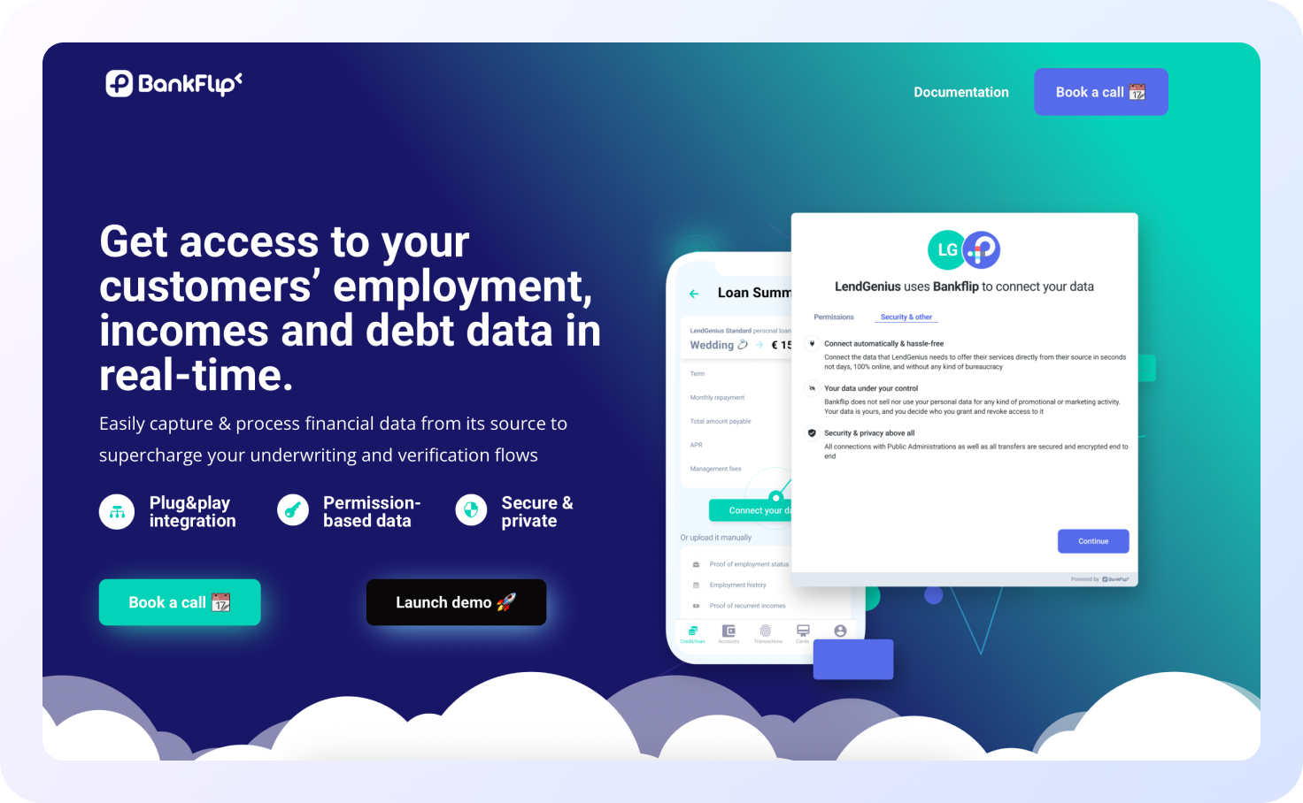 Página de inicio de BankFlip con el mensaje ‘Get access to your customers’ employment, incomes and debt data in real-time’, mostrando una interfaz de conexión de datos financieros con consentimiento del usuario y opciones de integración segura.