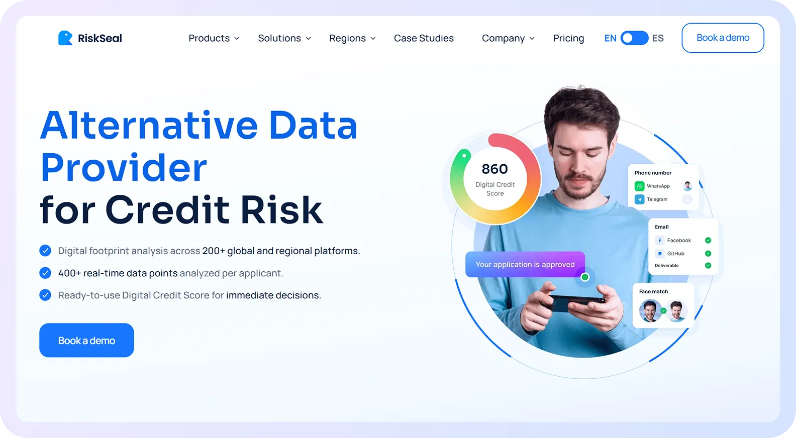 RiskSeal homepage showcasing alternative data credit risk solutions and digital credit scoring.