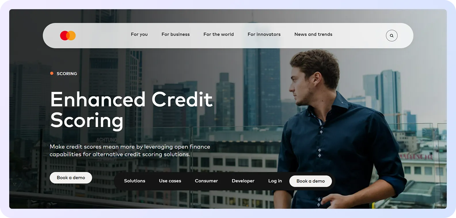 Mastercard homepage section presenting enhanced credit scoring through open finance capabilities.