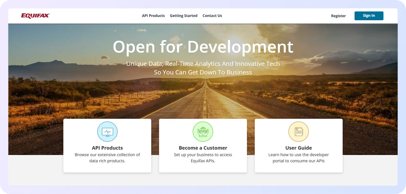 Equifax developer portal homepage showcasing APIs and real-time credit data solutions.