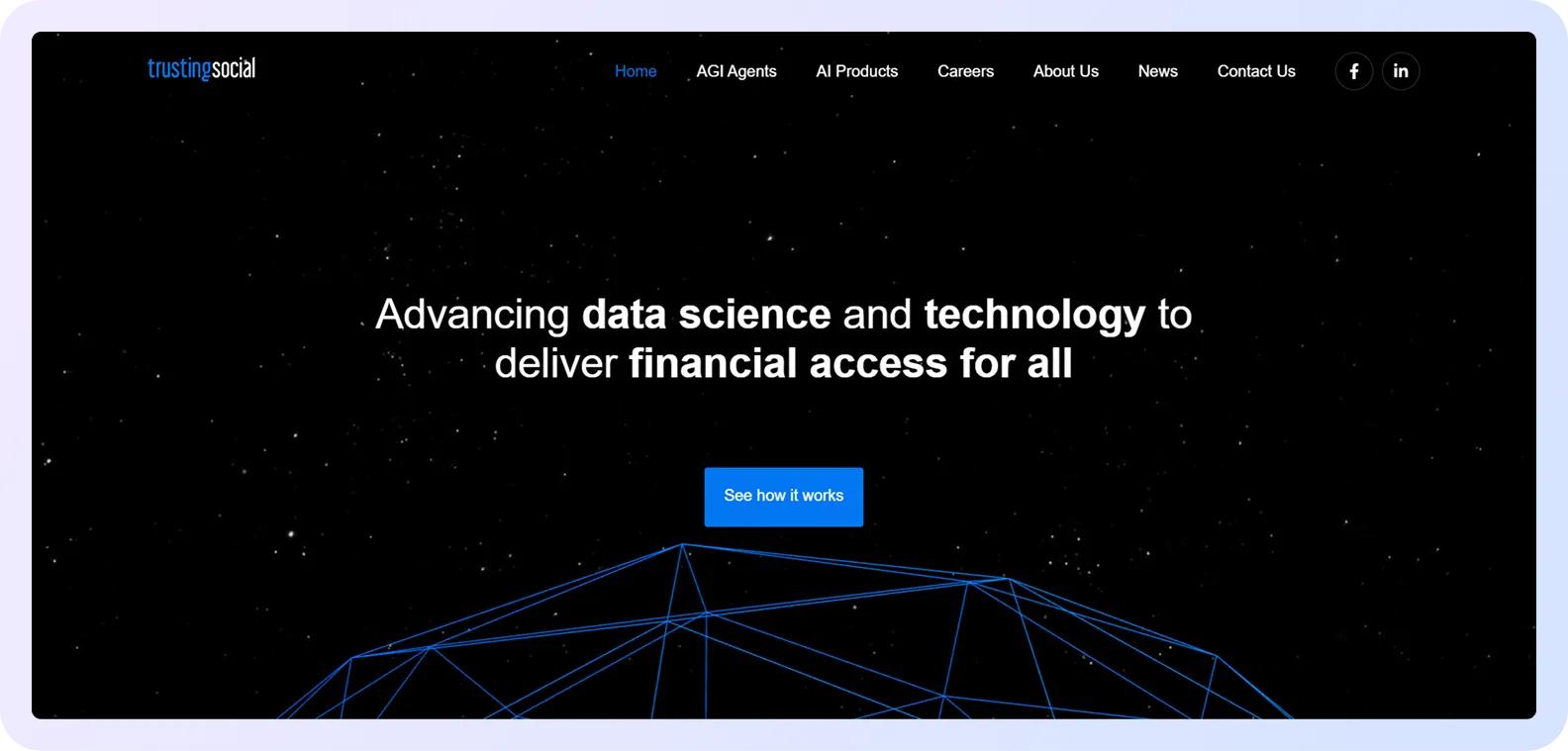 Trusting Social homepage promoting data science solutions for expanding financial access globally.