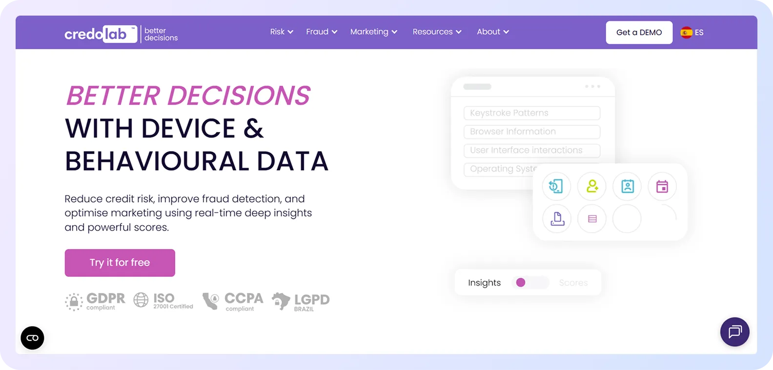 Credolab homepage highlighting device and behavioral data for credit risk and fraud detection.