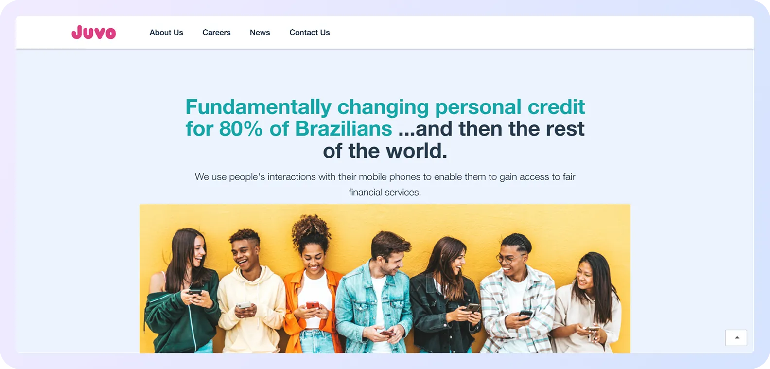 Juvo homepage showcasing mobile-based alternative credit access for underserved consumers.