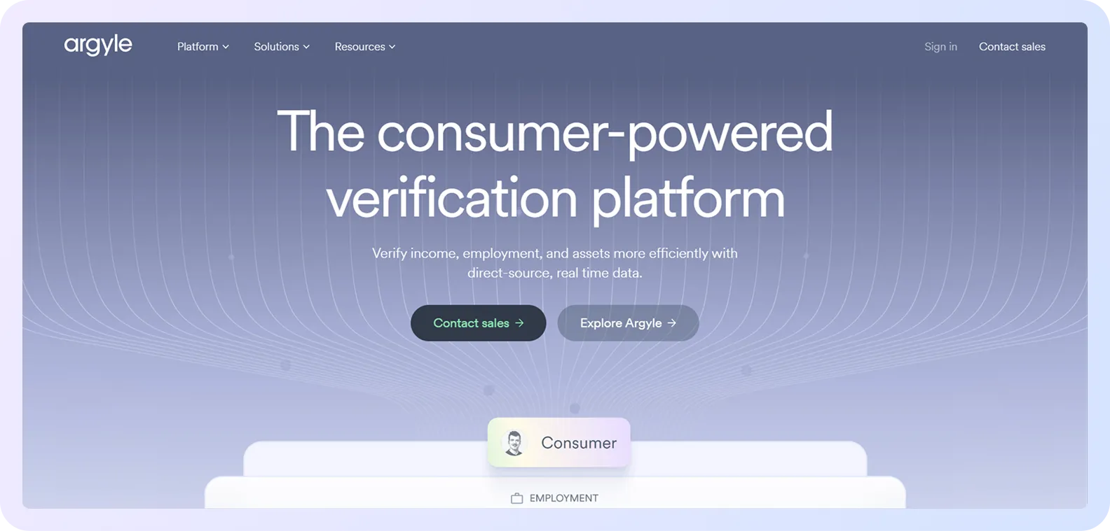 Argyle homepage hero presenting a consumer-powered income and employment verification platform.