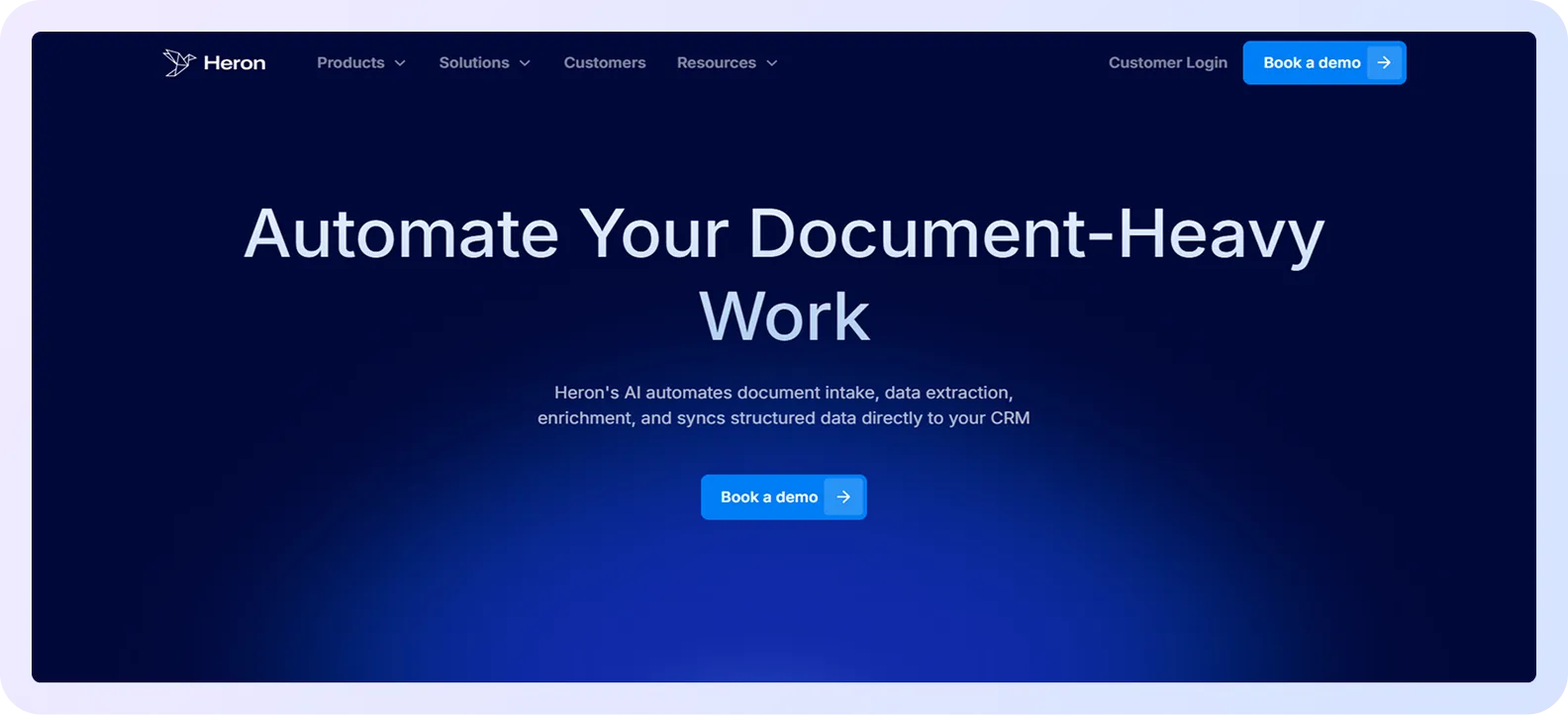 Heron Data homepage banner highlighting AI automation for document-heavy business workflows.