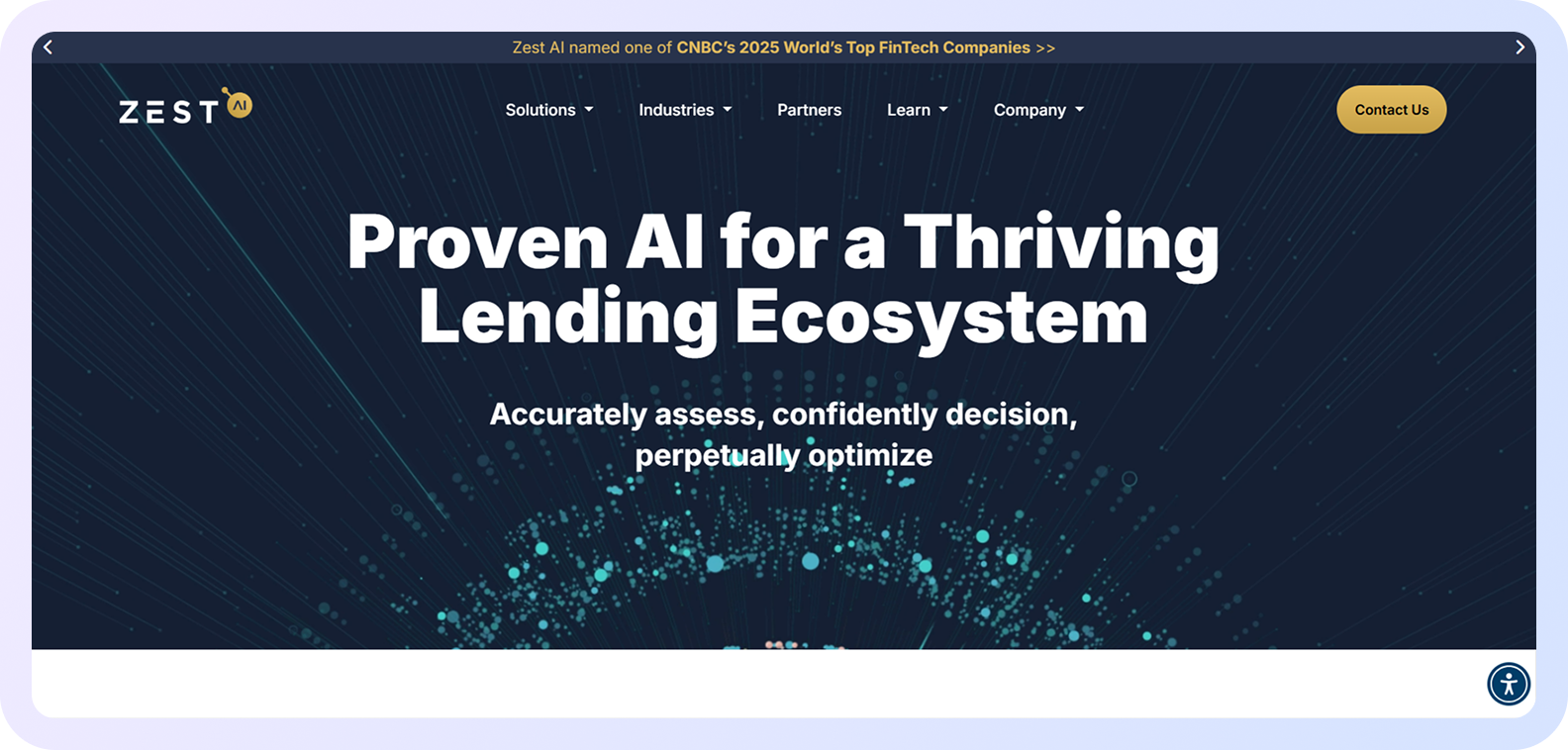 Zest AI homepage promoting proven AI models for optimizing lending decisions and ecosystem performance.