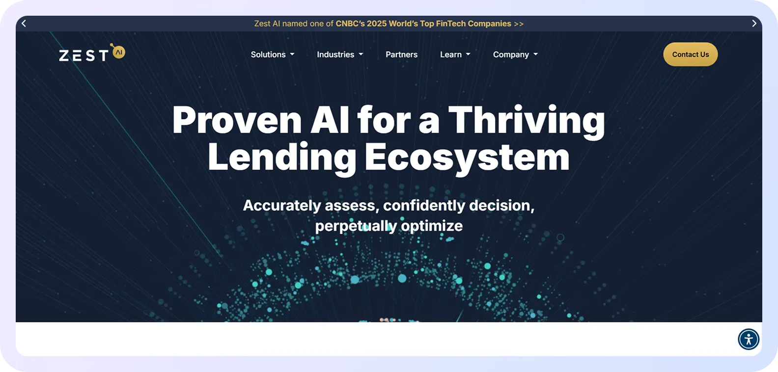 Zest AI homepage promoting proven AI models for optimizing lending decisions and ecosystem performance.
