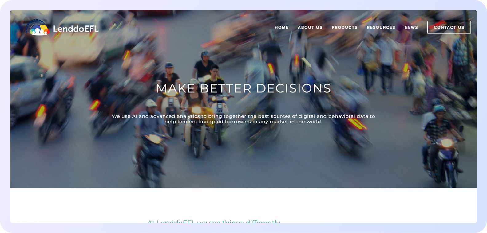 LenddoEFL homepage emphasizing AI-driven digital and behavioral data for better lending decisions.