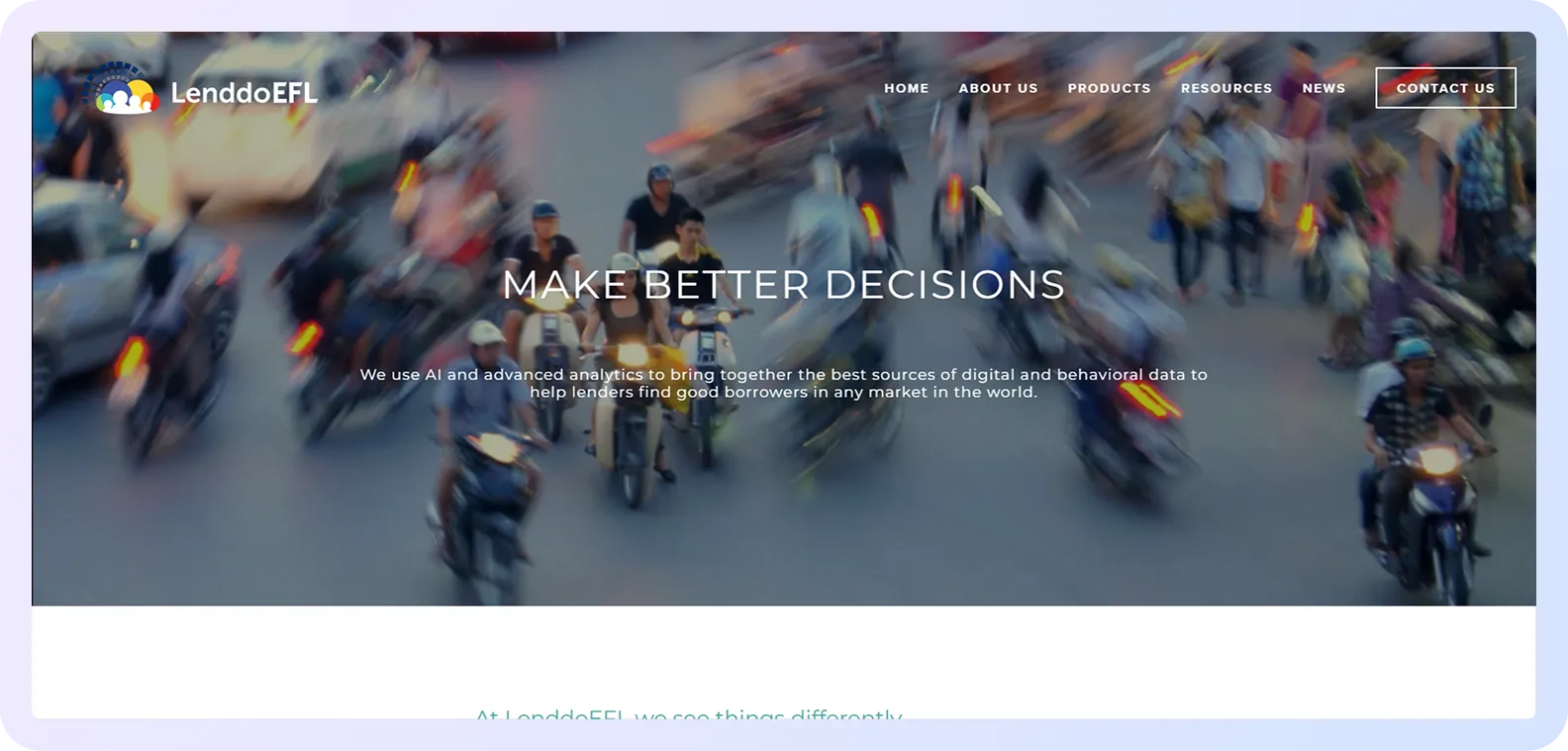 LenddoEFL homepage emphasizing AI-driven digital and behavioral data for better lending decisions.