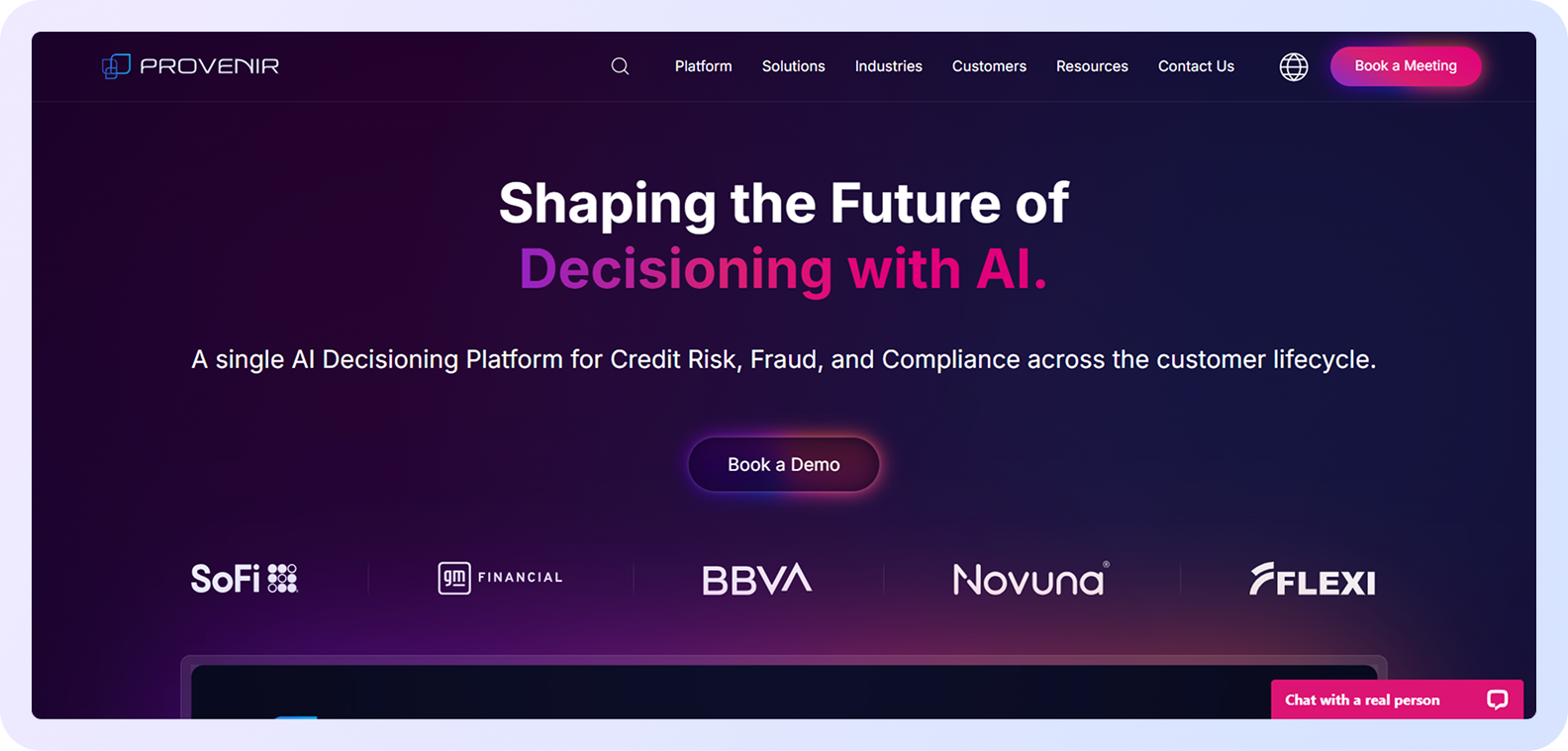 Provenir homepage presenting an AI decisioning platform for credit risk, fraud, and compliance.