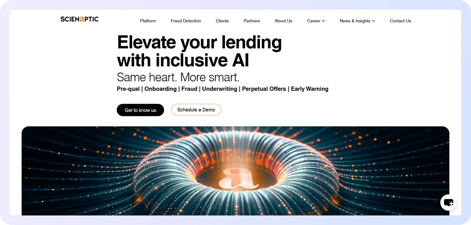 Scienaptic homepage promoting inclusive AI solutions for smarter credit underwriting and onboarding.