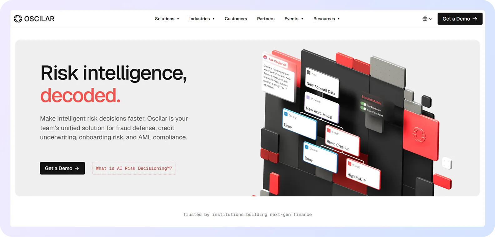 Oscilar homepage featuring AI-powered risk intelligence for fraud, credit underwriting, and compliance.
