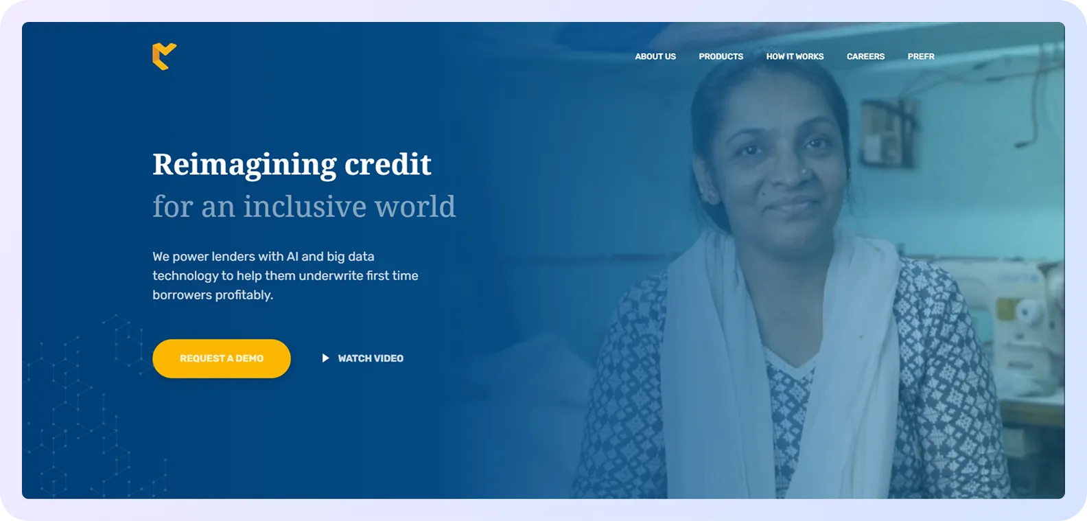 CreditVidya platform homepage promoting inclusive underwriting with big data and AI technology.