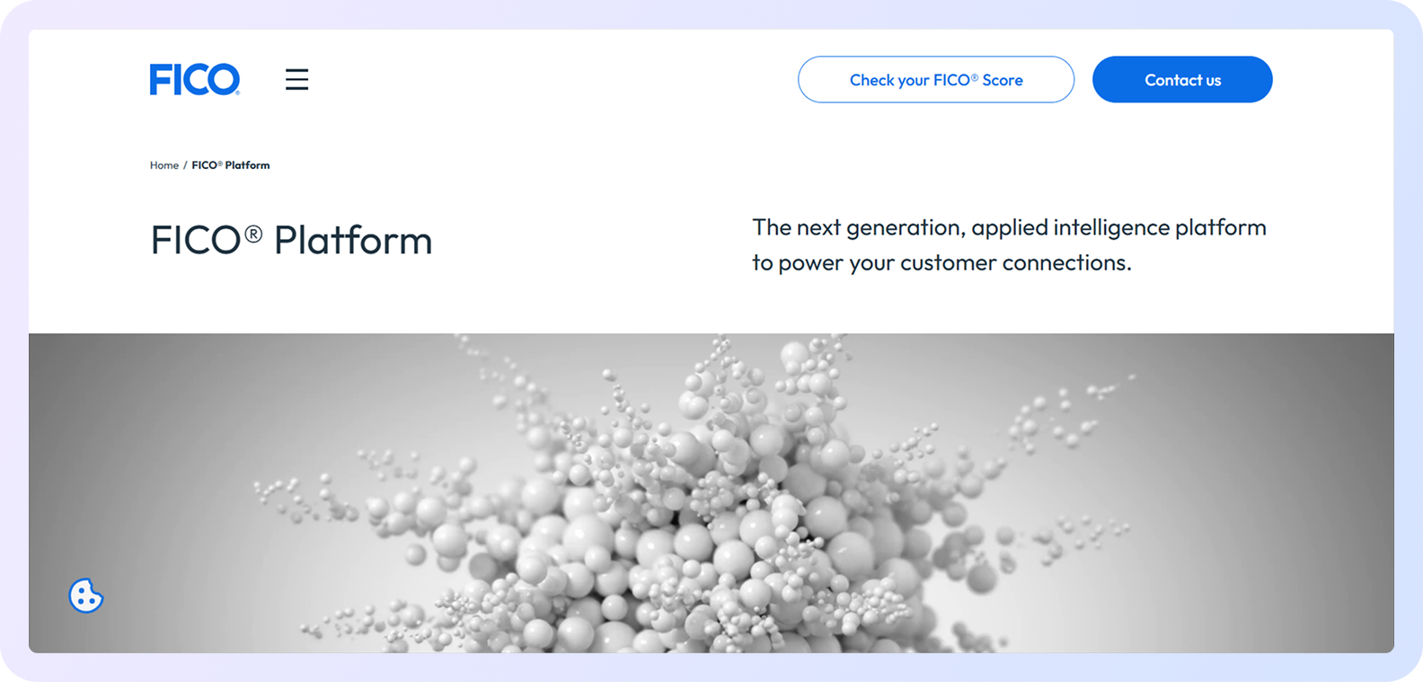 FICO Platform homepage showcasing applied intelligence solutions for customer decisioning.