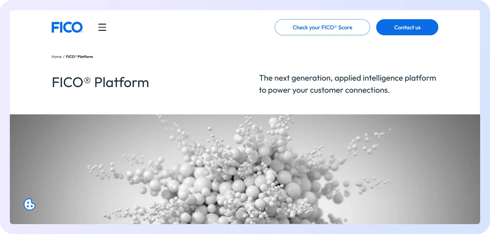 FICO Platform homepage showcasing applied intelligence solutions for customer decisioning.