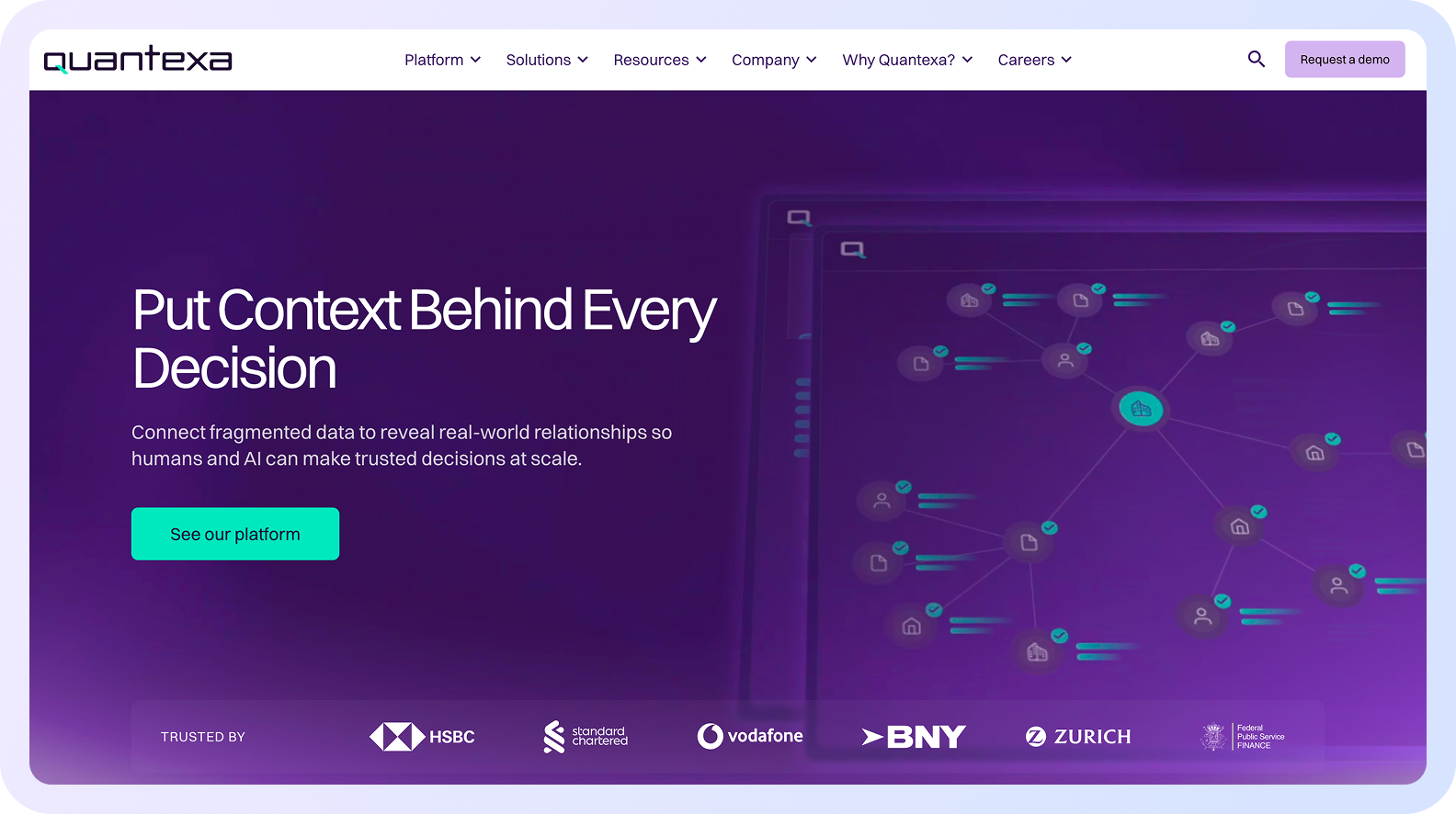 Quantexa data analytics platform visualizing connected data for risk and decision intelligence
