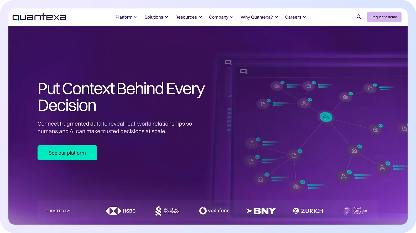 Quantexa data analytics platform visualizing connected data for risk and decision intelligence