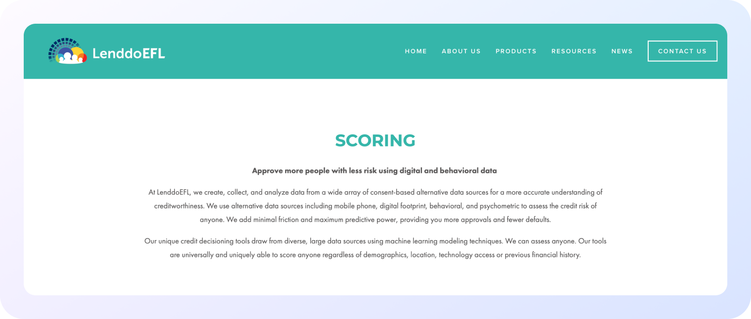 Screenshot of LenddoEFL’s website showing a section titled “Scoring” with text describing their use of digital and behavioral data for credit assessments, alongside a teal header bar containing the logo and navigation menu.