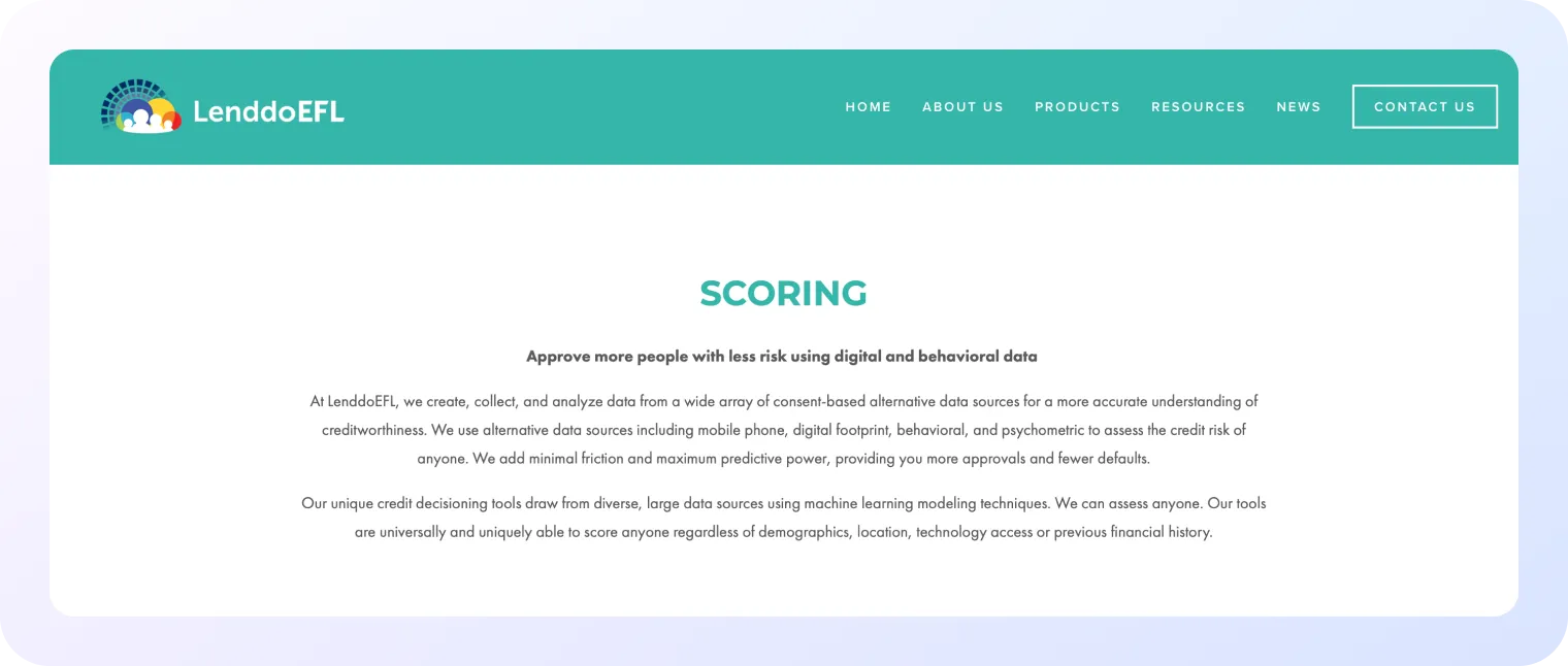 Screenshot of LenddoEFL’s website showing a section titled “Scoring” with text describing their use of digital and behavioral data for credit assessments, alongside a teal header bar containing the logo and navigation menu.