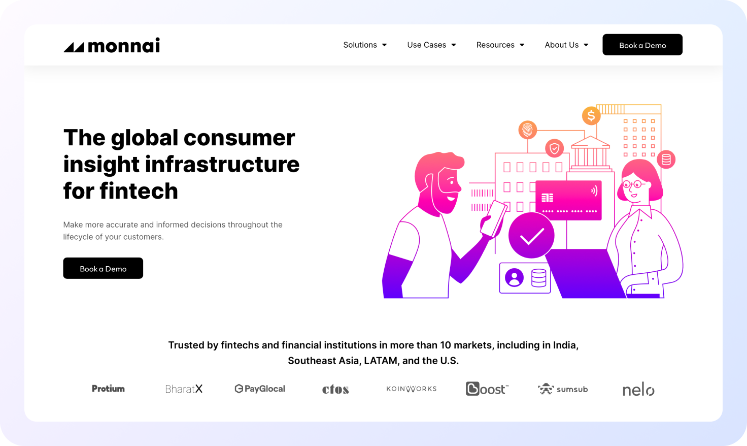 Screenshot of Monnai’s homepage showing a headline about global consumer insight infrastructure for fintech, a black button to book a demo, a gradient-style illustration of two people interacting with financial icons and devices.