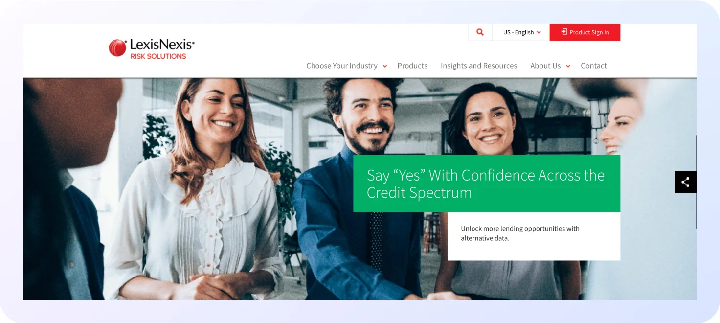 Homepage of LexisNexis Risk Solutions showing a group of professionally dressed people smiling and shaking hands, with a green overlay text that reads “Say ‘Yes’ With Confidence Across the Credit Spectrum.”