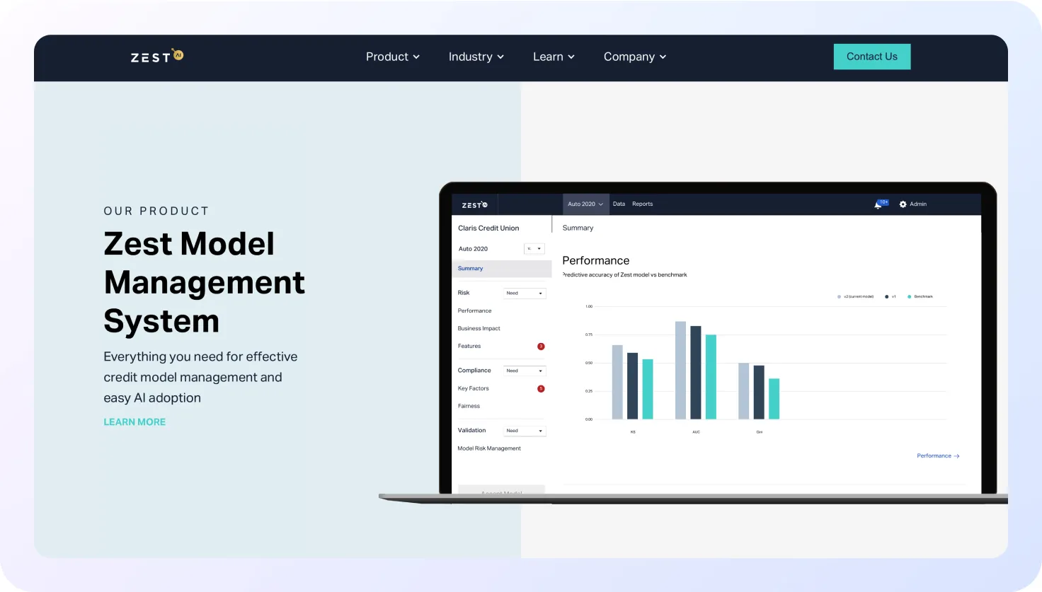 Screenshot of Zest AI’s product page featuring the Zest Model Management System with a description on the left and a laptop mockup on the right displaying performance analytics through bar charts comparing model accuracy.