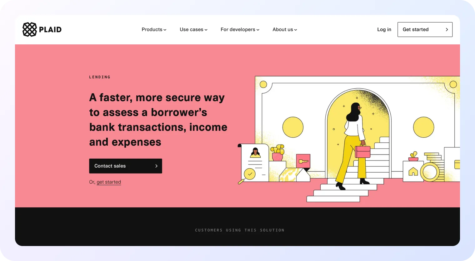Homepage of Plaid featuring a coral-pink background, bold text promoting faster and more secure borrower assessments, a black “Contact sales” button, and an illustration of a woman entering a stylized doorway with financial icons around her.