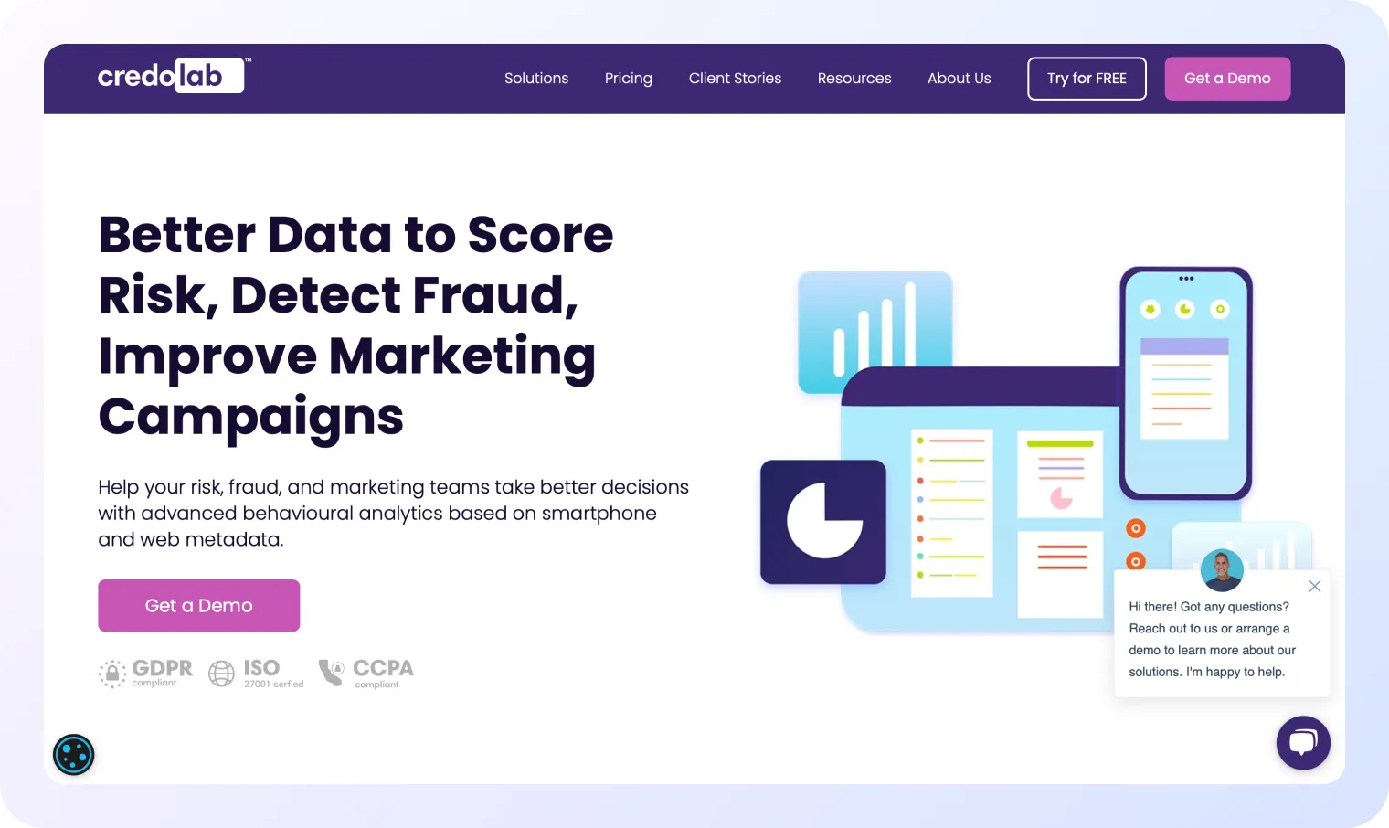 Screenshot of CredoLab’s homepage featuring a headline about using better data to score risk, detect fraud, and improve marketing, with a prominent “Get a Demo” button and illustrated icons of charts, documents, and a smartphone.