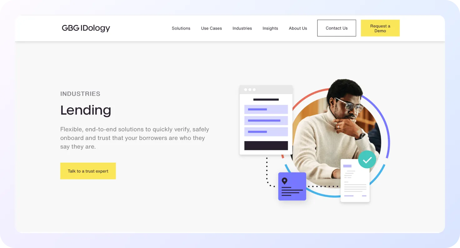 Screenshot of GBG IDology’s website section for the lending industry, featuring a headline about flexible end-to-end solutions for borrower verification, a yellow button labeled Talk to a trust expert, and an image of a man in a white sweater.