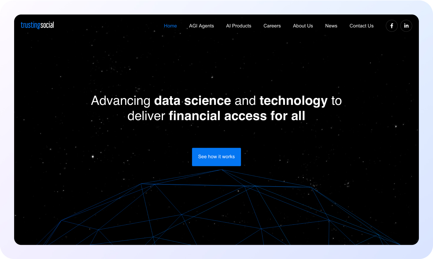 Screenshot of Trusting Social’s homepage with a starry night background, tagline in bold white text about advancing data science and technology to deliver financial access for all, and a blue button labeled “See how it works” at the center.