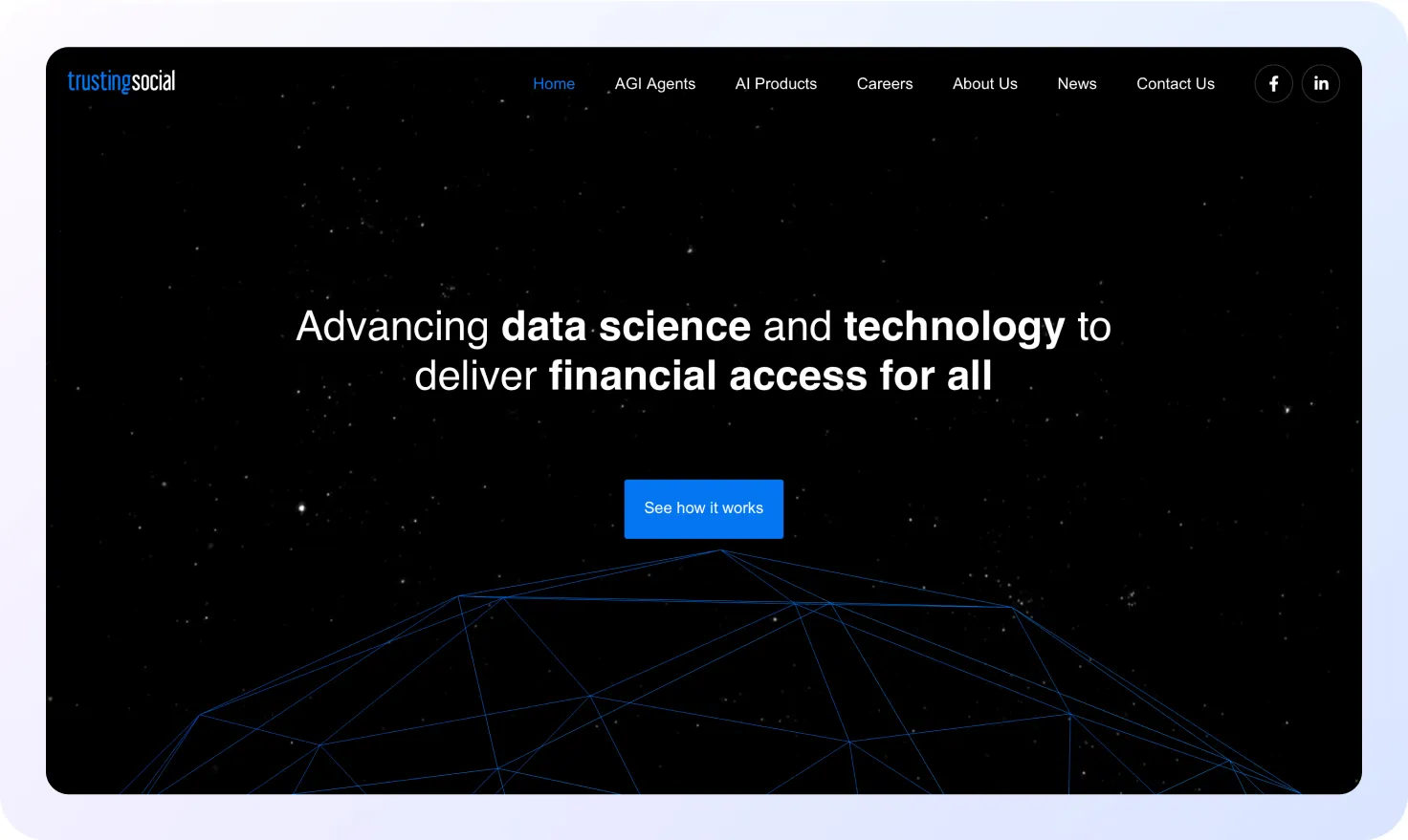 Screenshot of Trusting Social’s homepage with a starry night background, tagline in bold white text about advancing data science and technology to deliver financial access for all, and a blue button labeled “See how it works” at the center.