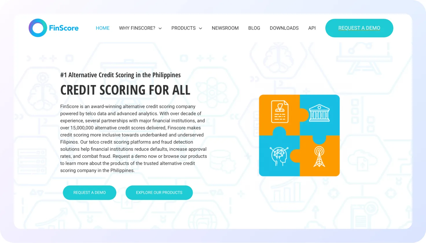 Screenshot of FinScore’s homepage featuring the tagline “Credit Scoring for All,” a description of its telco data-driven alternative credit scoring services, two call-to-action buttons for requesting a demo and exploring products.