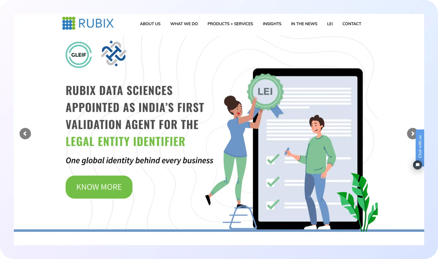 Homepage of Rubix Data Sciences with a banner announcing its appointment as India’s first validation agent for the Legal Entity Identifier, featuring a cartoon of a woman placing an LEI badge and a man marking checklists on a giant digital form, alongside a green “Know More” button.